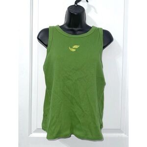 A New Day green tank top featuring machine embroidery of lime slices